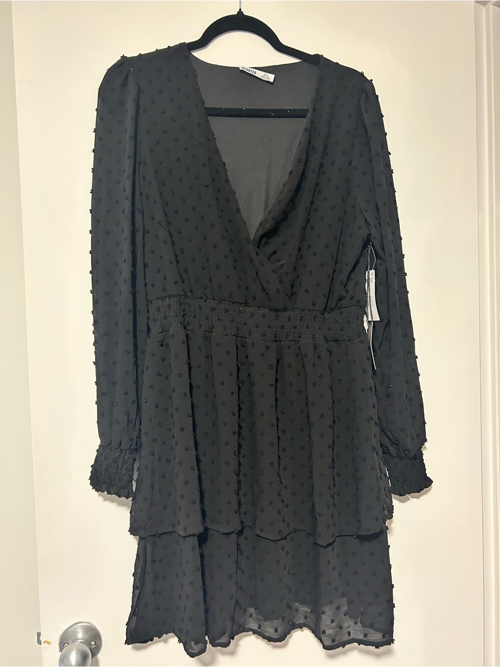 Black Swiss Dot Tiered V-Neck Mini Dress